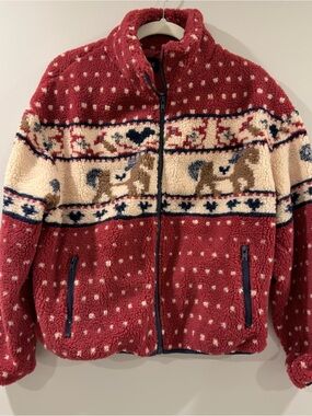 Cider Teddy Sherpa Fleece Zip Jacket Red Heart & Horse Print Size Small NWT